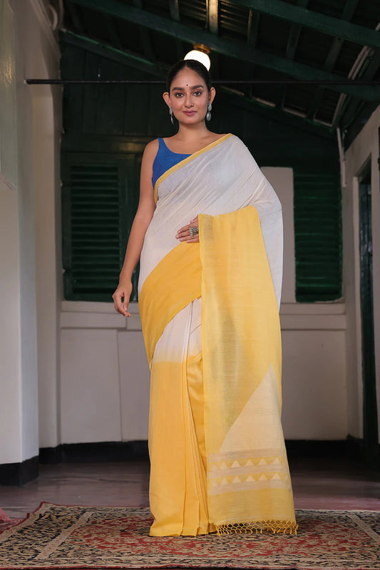 Handloom White & Yellow Soft Cotton Jamdani Saree