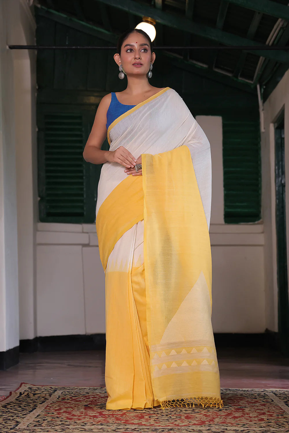 Handloom White & Yellow Soft Cotton Jamdani Saree