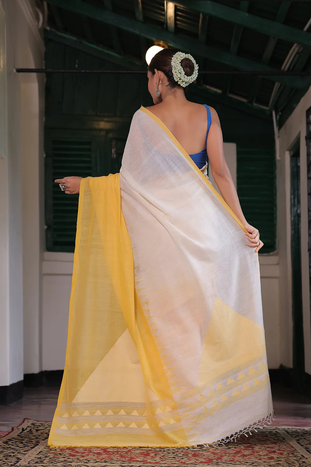 Handloom White & Yellow Soft Cotton Jamdani Saree