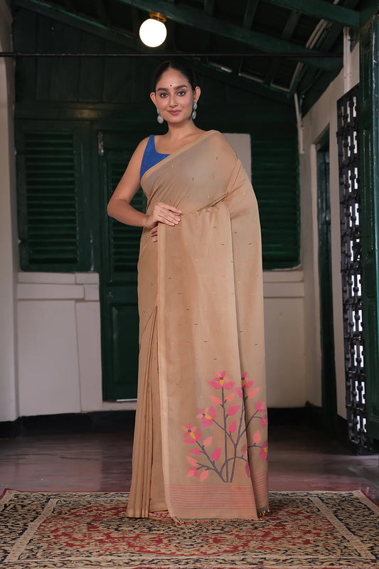 Handloom Biscuit Brown Soft Cotton Jamdani Saree