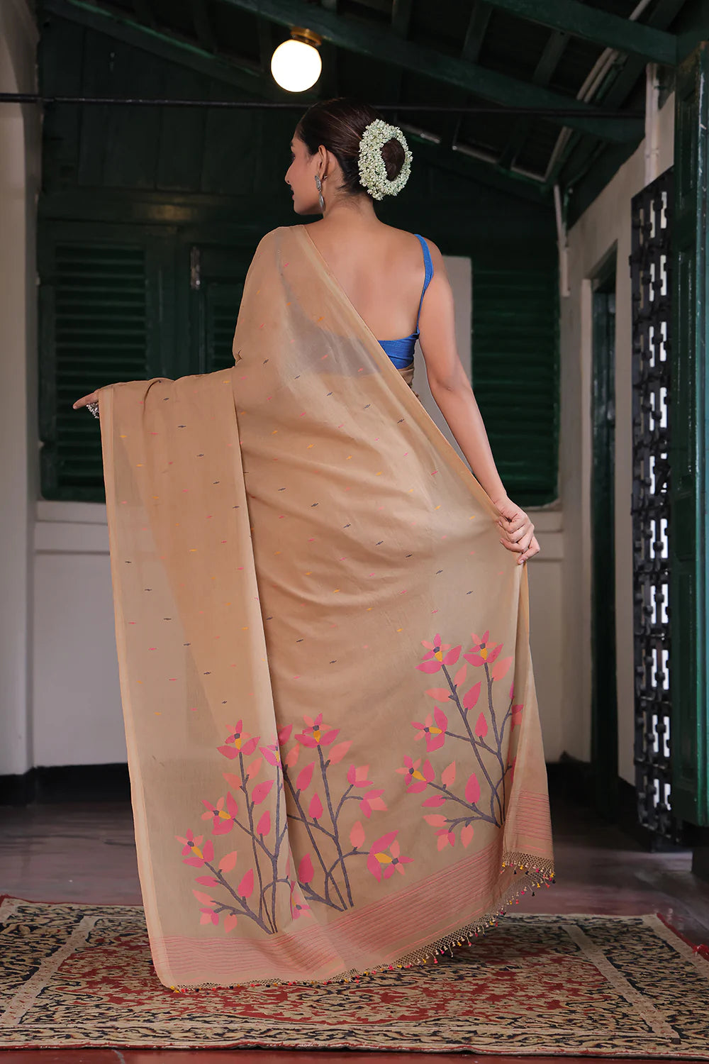 Handloom Biscuit Brown Soft Cotton Jamdani Saree