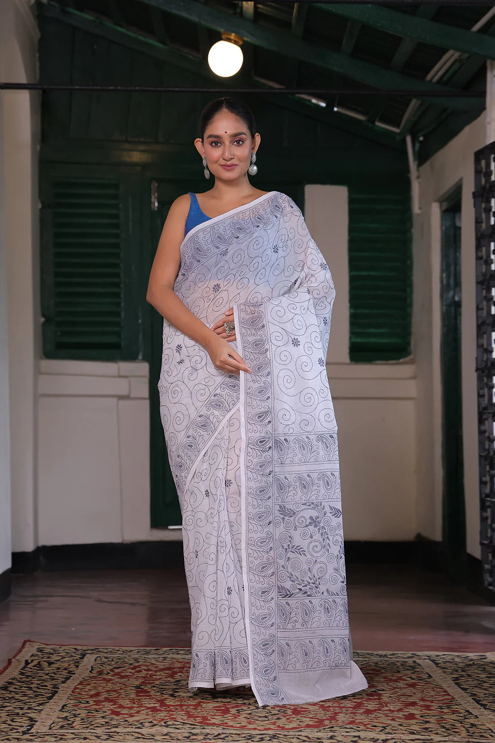 Handloom White & Grey Pure Cotton Kantha Saree