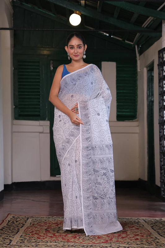 Handloom White & Grey Pure Cotton Kantha Saree