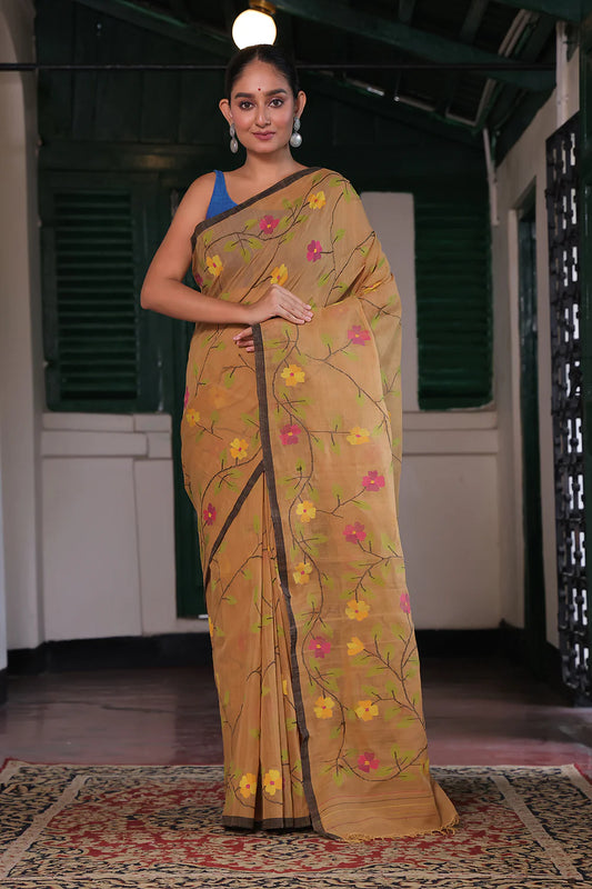 Handloom Gold Yellow Pure Cotton Jamdani Saree with Floral Motifs