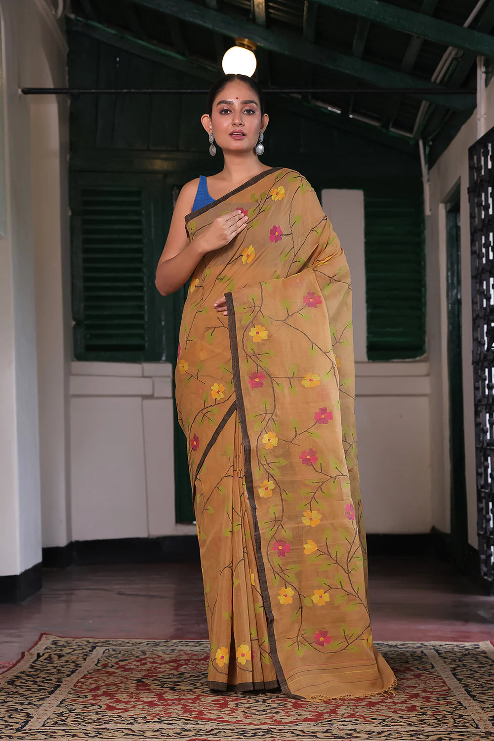 Handloom Gold Yellow Pure Cotton Jamdani Saree with Floral Motifs