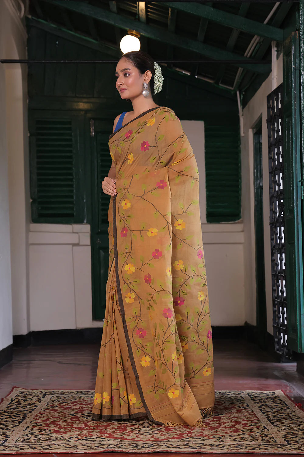 Handloom Gold Yellow Pure Cotton Jamdani Saree with Floral Motifs