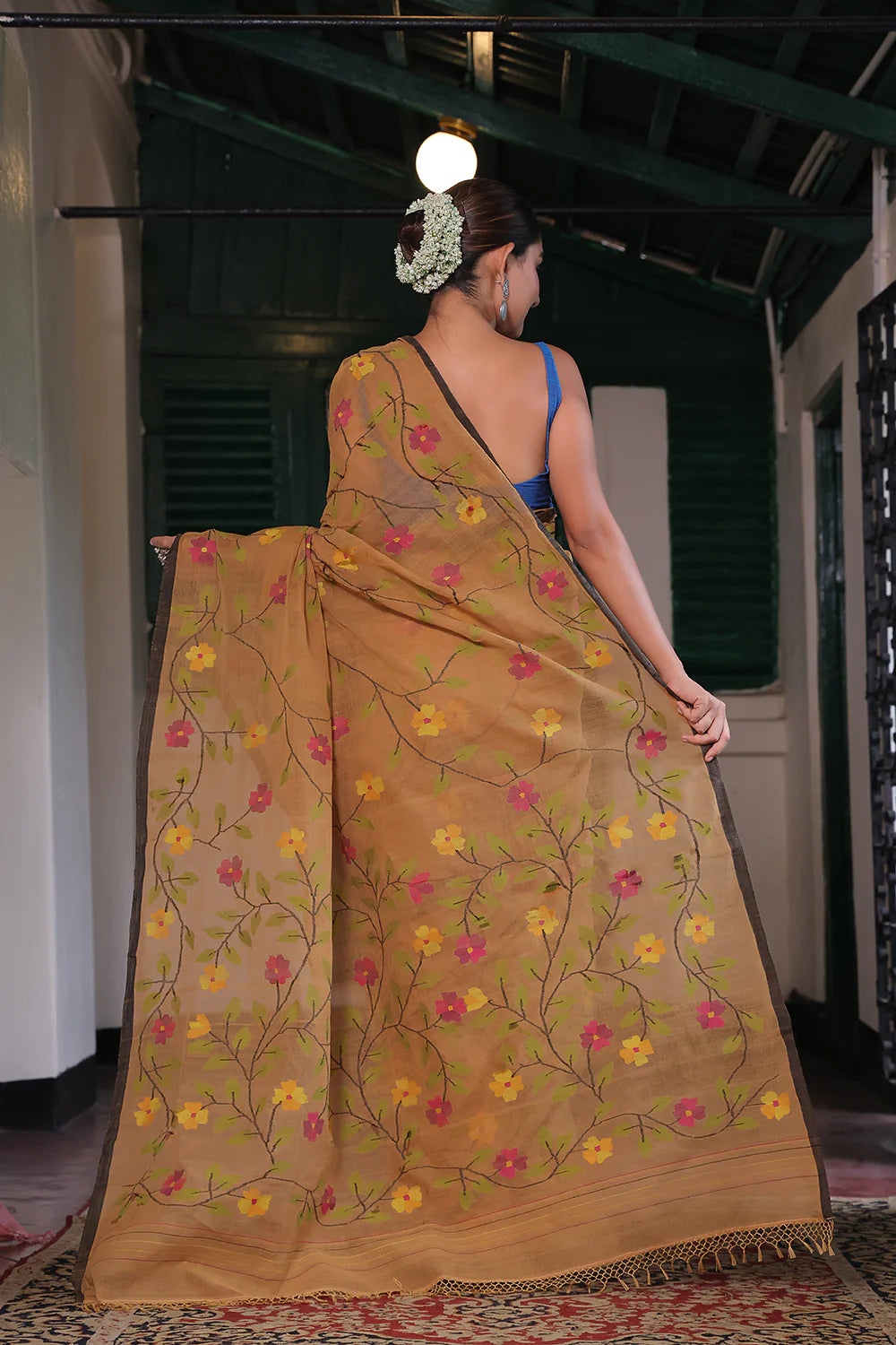 Handloom Gold Yellow Pure Cotton Jamdani Saree with Floral Motifs