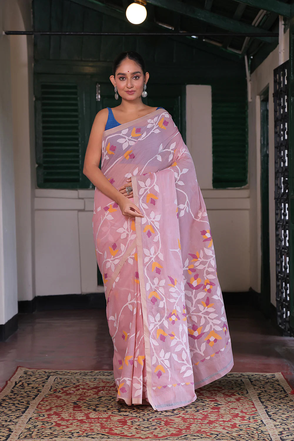 Handloom Baby Pink Pure Cotton Jamdani Saree with Floral Motifs