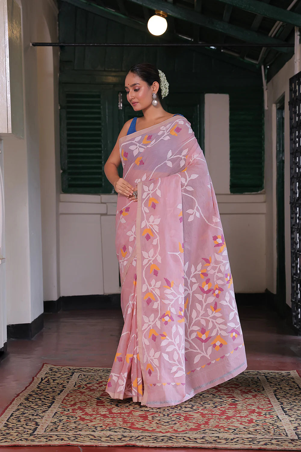 Handloom Baby Pink Pure Cotton Jamdani Saree with Floral Motifs