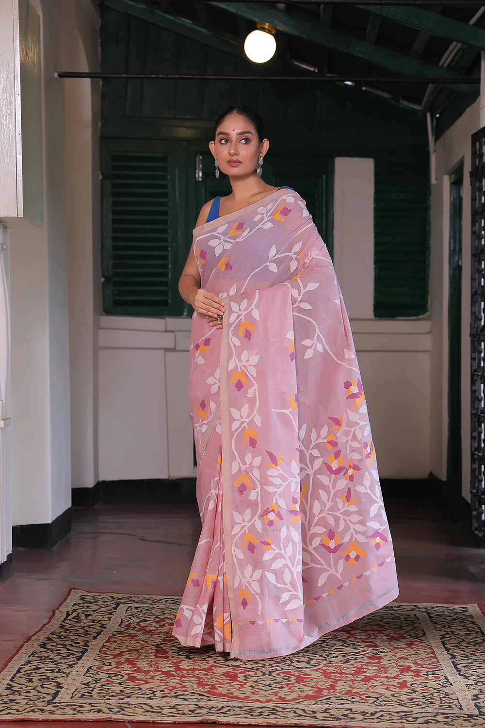 Handloom Baby Pink Pure Cotton Jamdani Saree with Floral Motifs