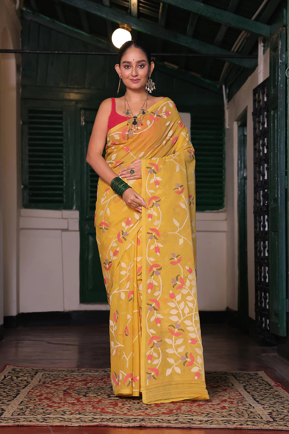 Handloom Bright Yellow Pure Cotton Jamdani Saree with Floral Motifs