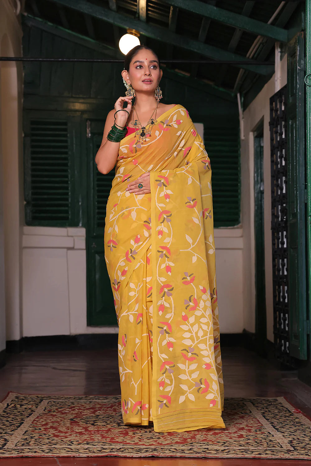 Handloom Bright Yellow Pure Cotton Jamdani Saree with Floral Motifs