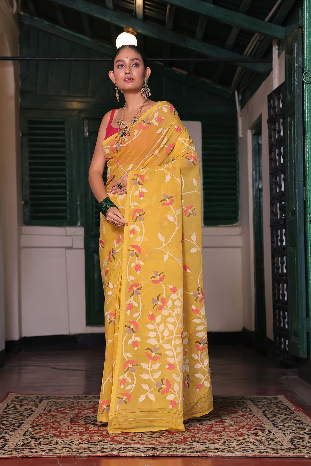 Handloom Bright Yellow Pure Cotton Jamdani Saree with Floral Motifs