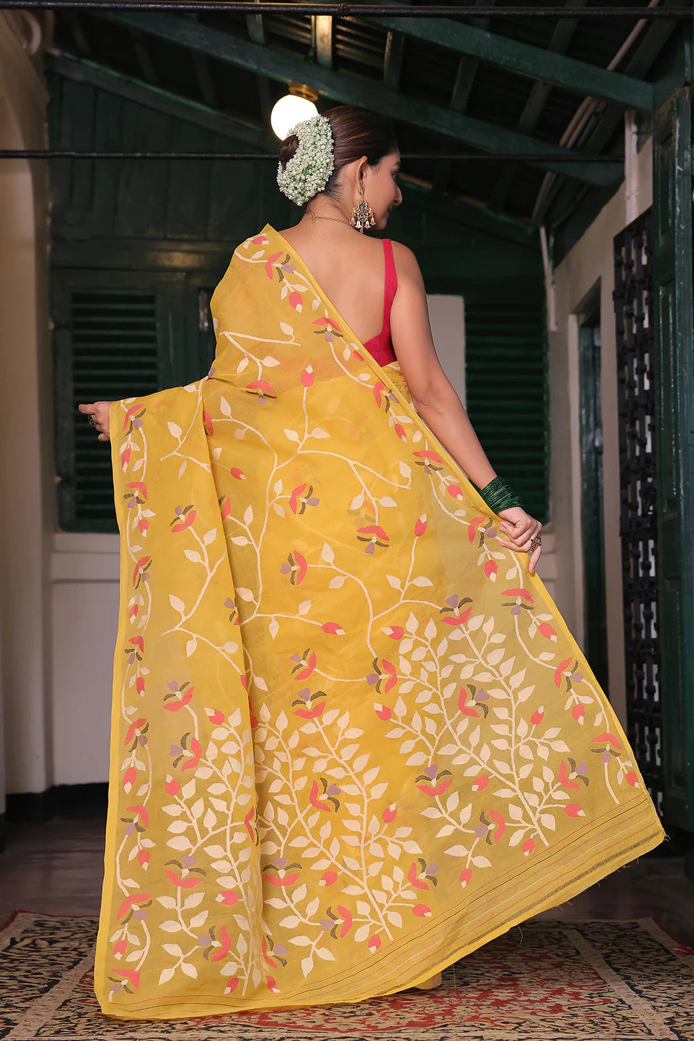 Handloom Bright Yellow Pure Cotton Jamdani Saree with Floral Motifs