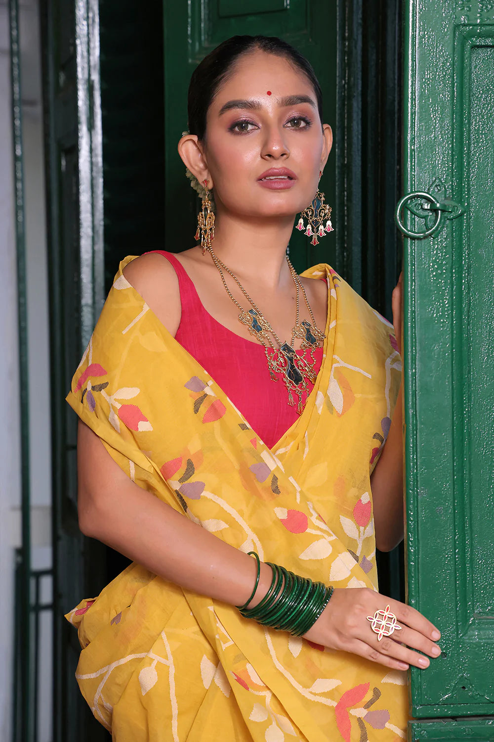 Handloom Bright Yellow Pure Cotton Jamdani Saree with Floral Motifs