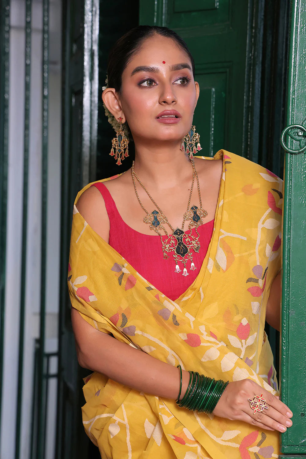 Handloom Bright Yellow Pure Cotton Jamdani Saree with Floral Motifs