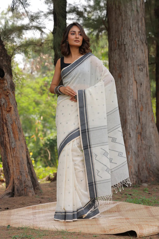 Handloom Off White Soft Cotton Saree With Dark Grey Border