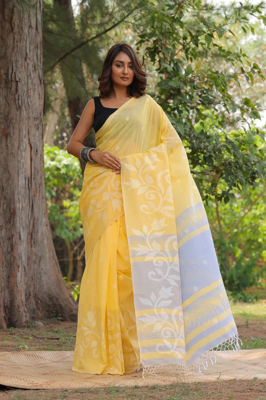 Handloom Yellow Soft Cotton Jamdani Saree