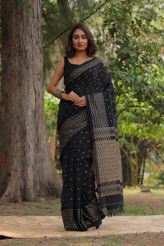 Handloom Black Soft Cotton Saree Beige Pallu