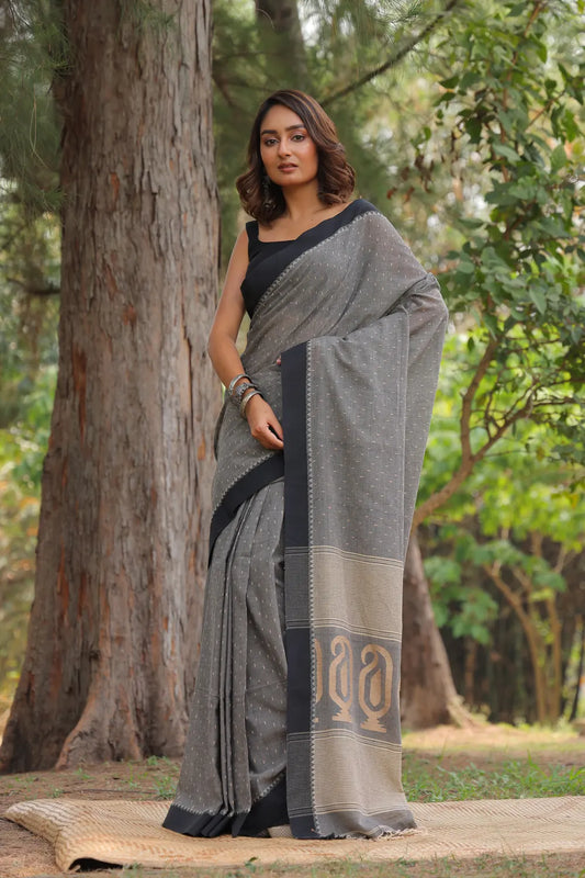 Handloom Grey Soft Cotton Saree With Black Border