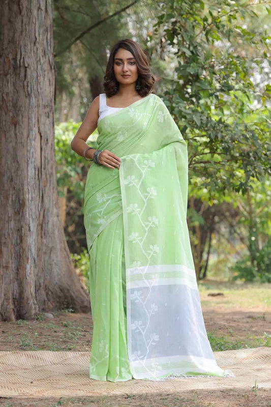 Handloom Pastel Green Soft Cotton Jamdani Saree