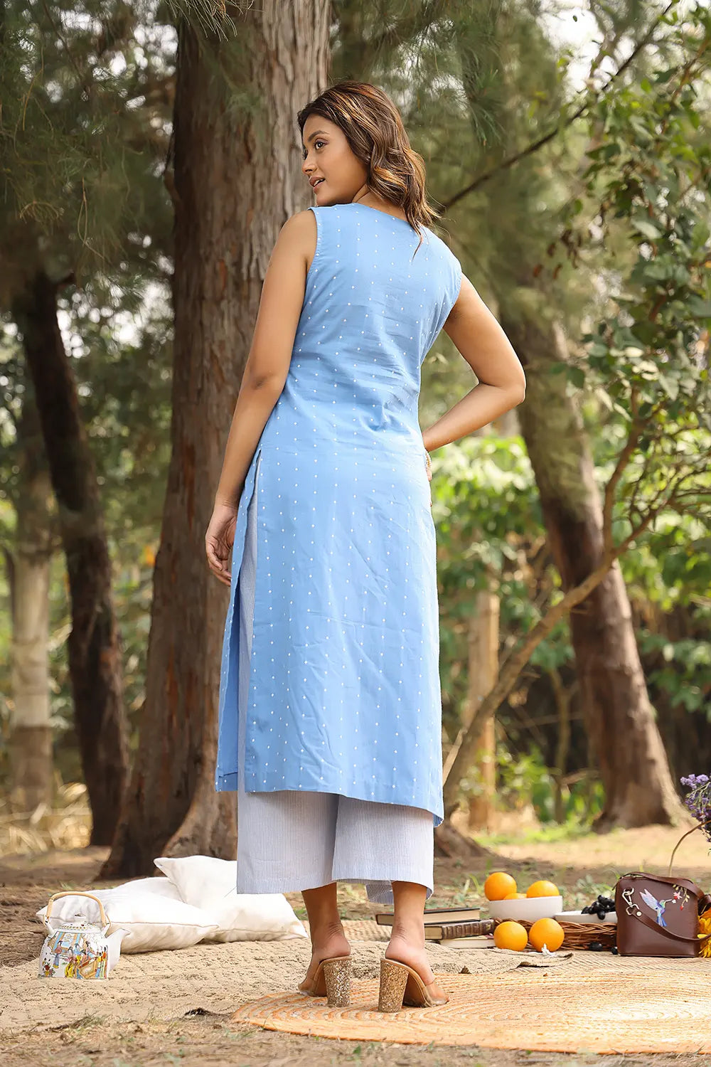 Sky Blue Pure Cotton White Polka Dots Kurta Set