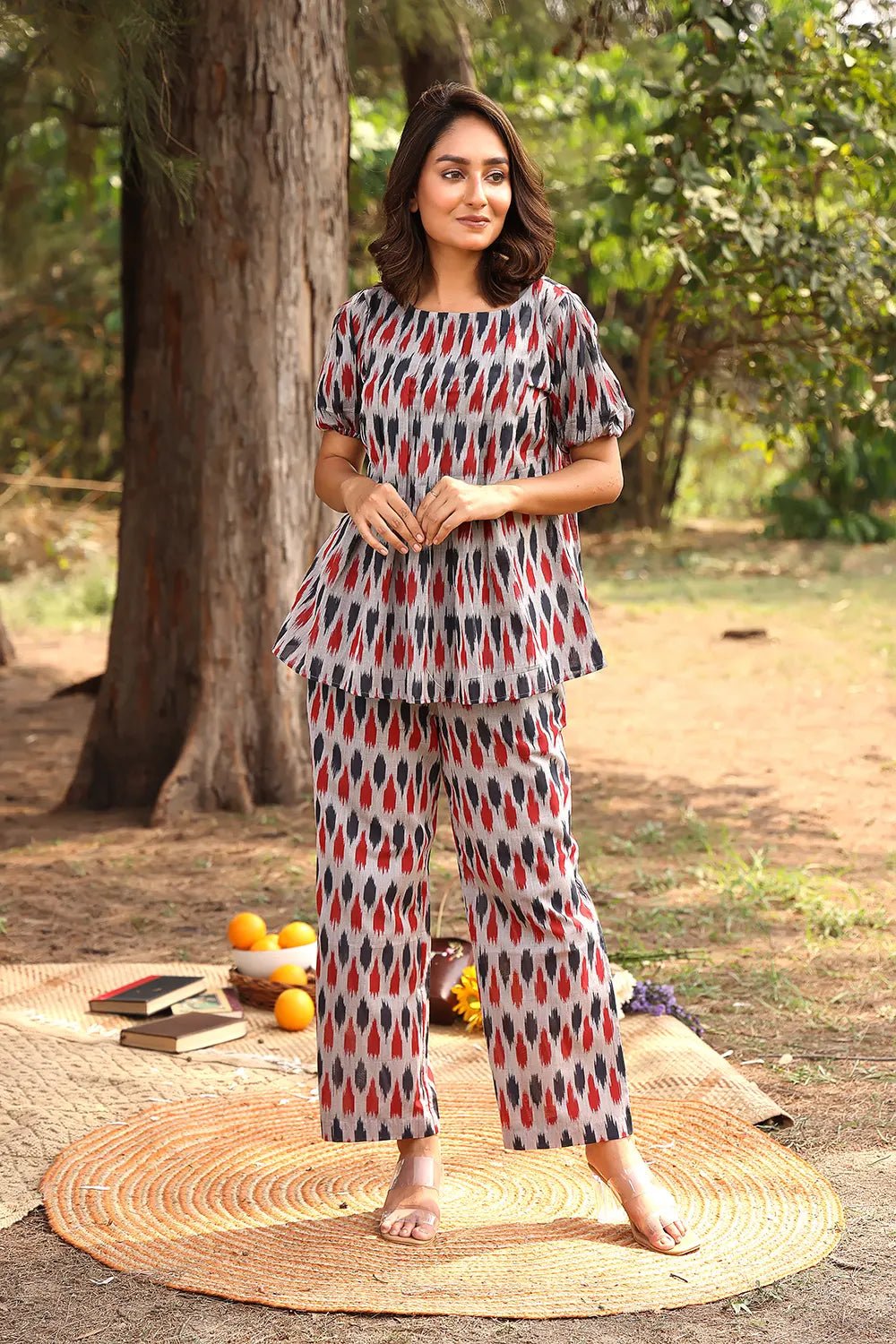 Red & Blue Pure Cotton Ikat Co-ord Set