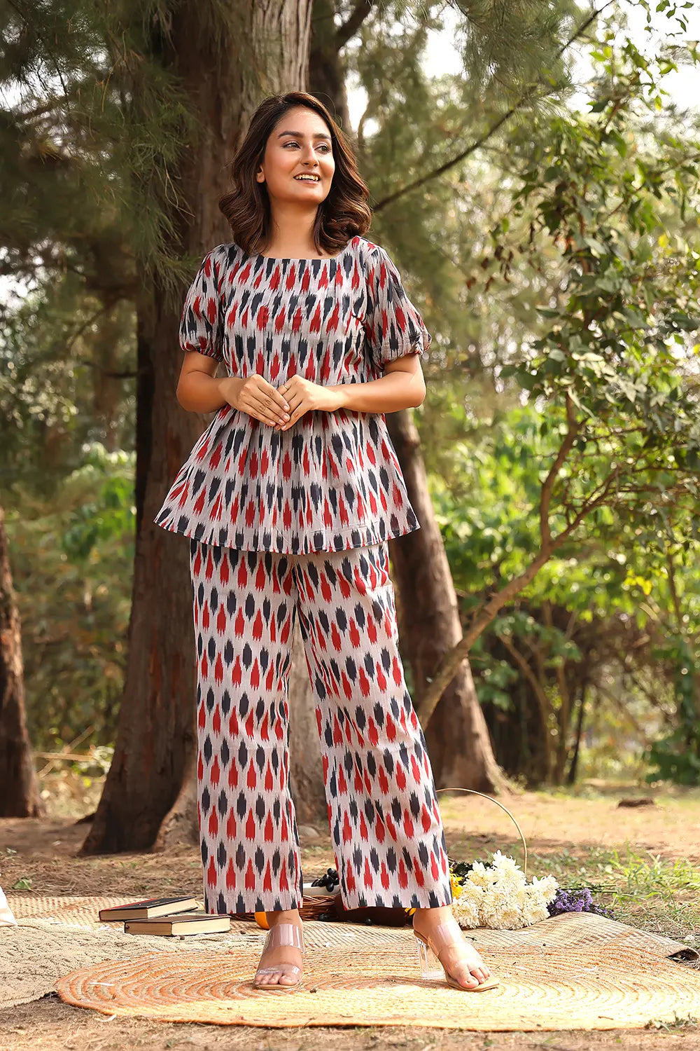 Red & Blue Pure Cotton Ikat Co-ord Set