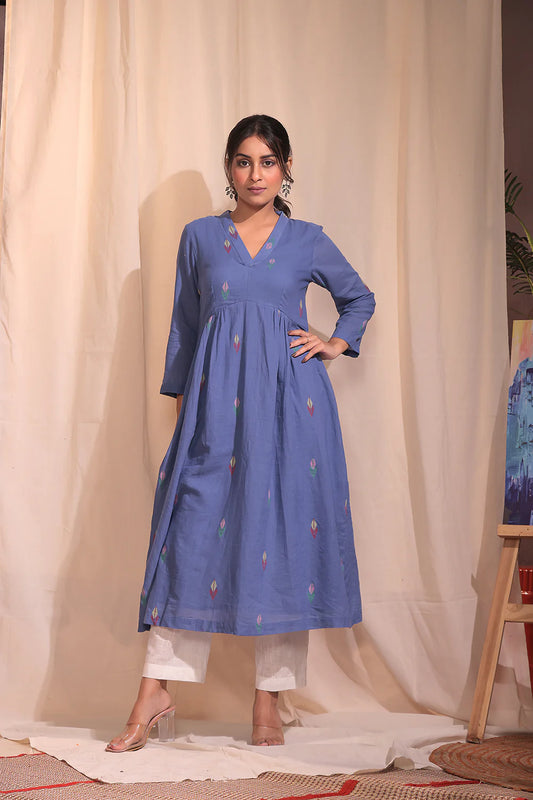 Handloom Sky Blue Pue Cotton Jamdani Kurta Set