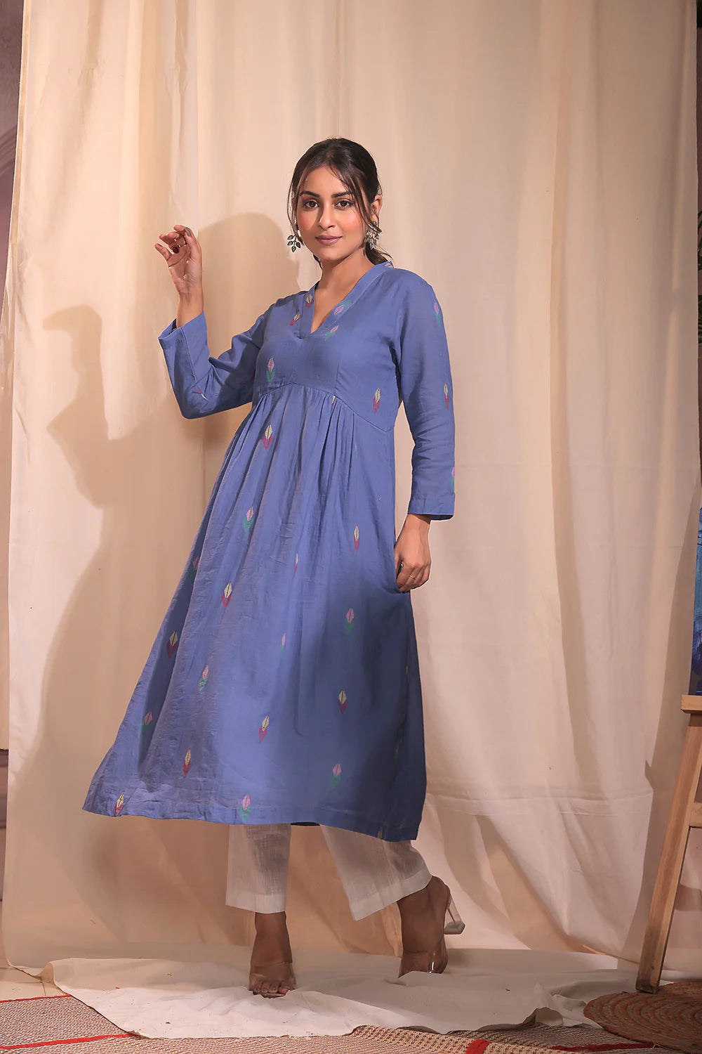 Handloom Sky Blue Pue Cotton Jamdani Kurta Set