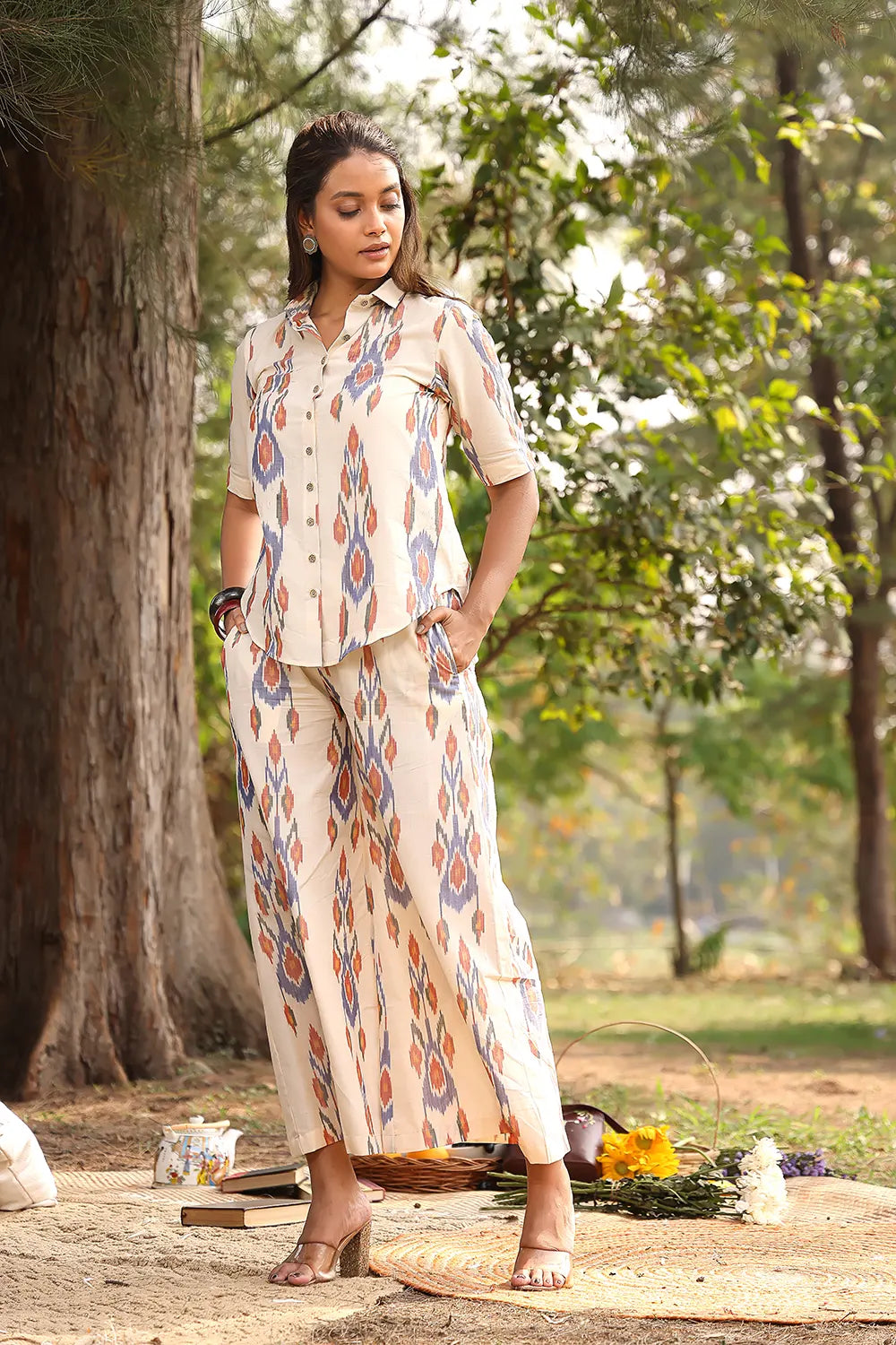 Cream Pure Cotton Ikat Co-ord Set