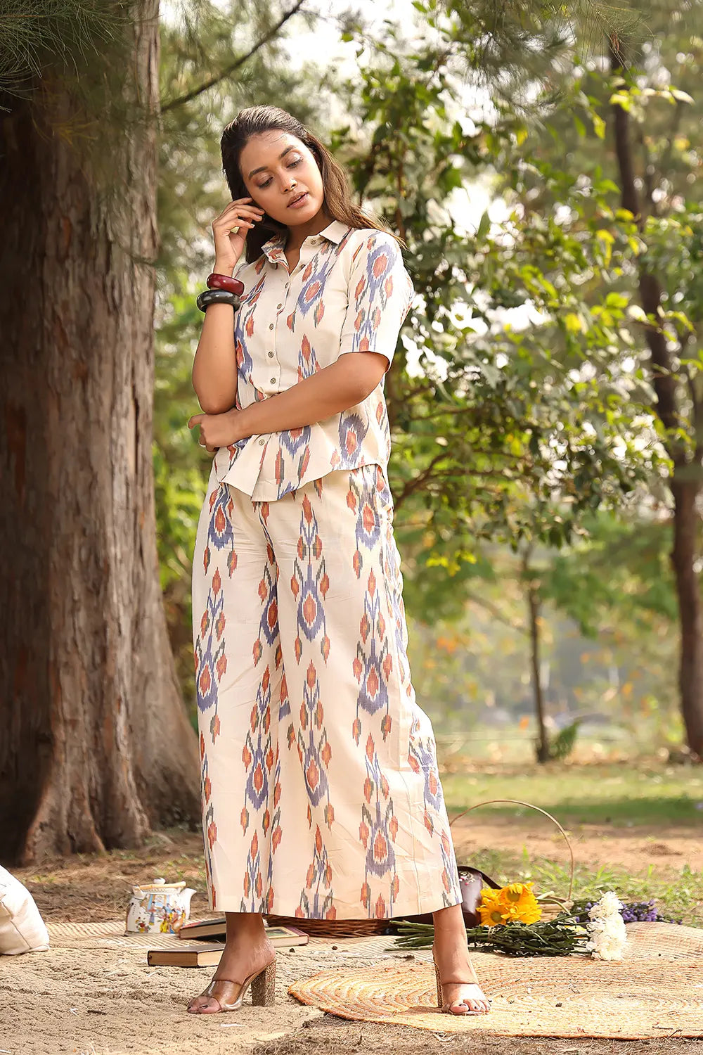 Cream Pure Cotton Ikat Co-ord Set