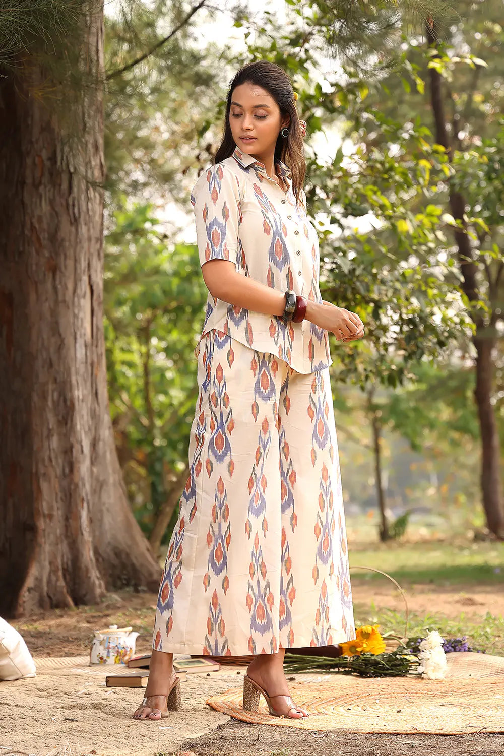 Cream Pure Cotton Ikat Co-ord Set