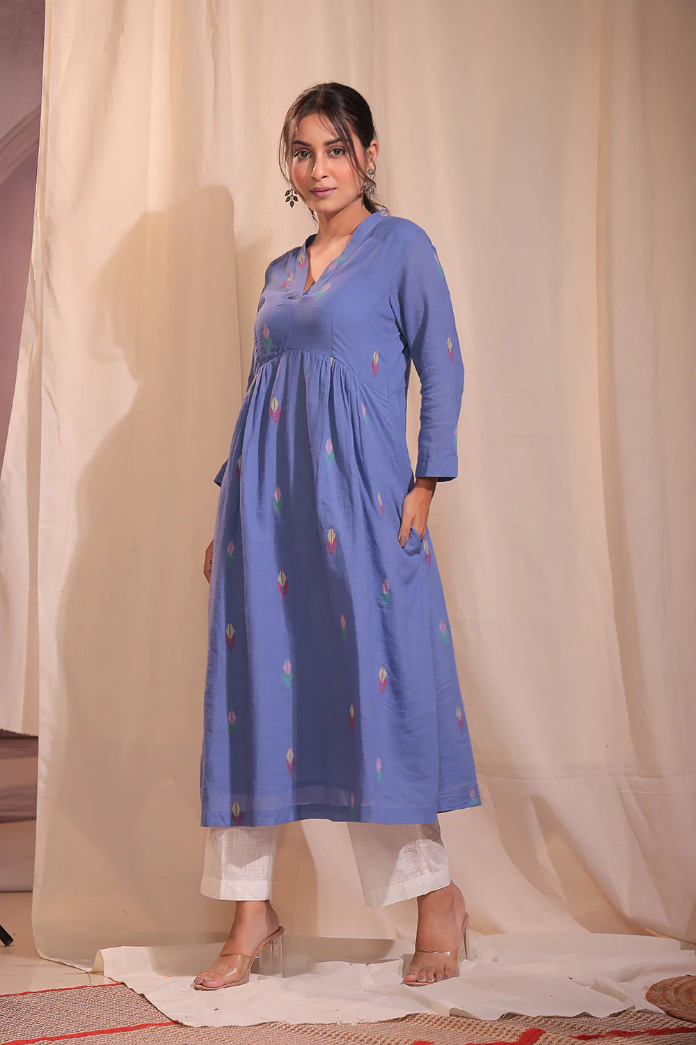 Handloom Sky Blue Pue Cotton Jamdani Kurta Set