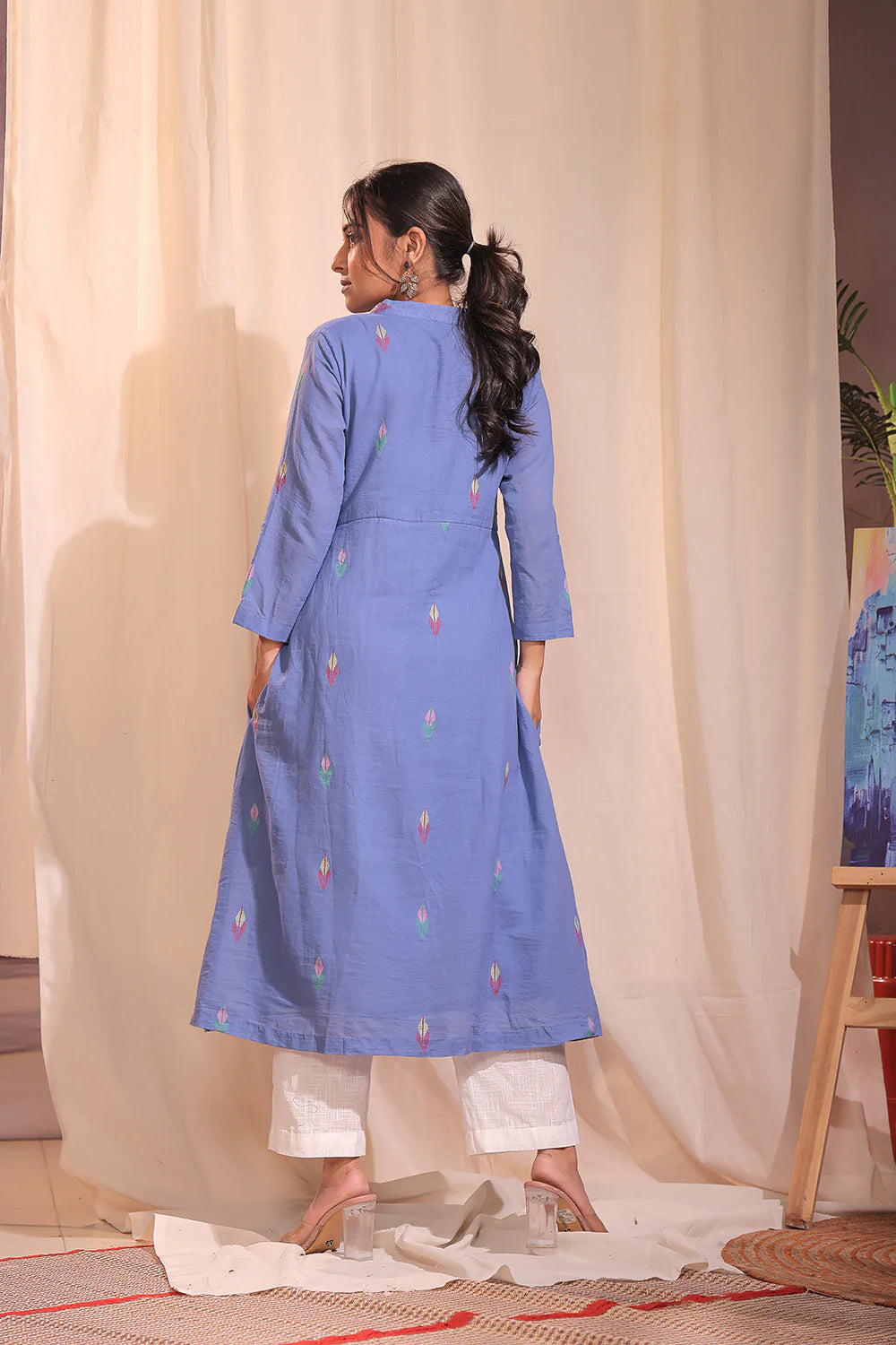 Handloom Sky Blue Pue Cotton Jamdani Kurta Set