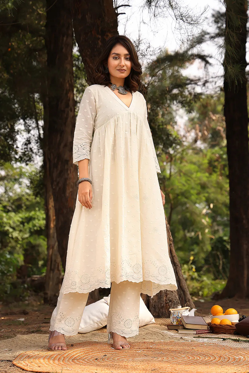 Cream  Dobby  Pure Cotton Flared Kurta Set