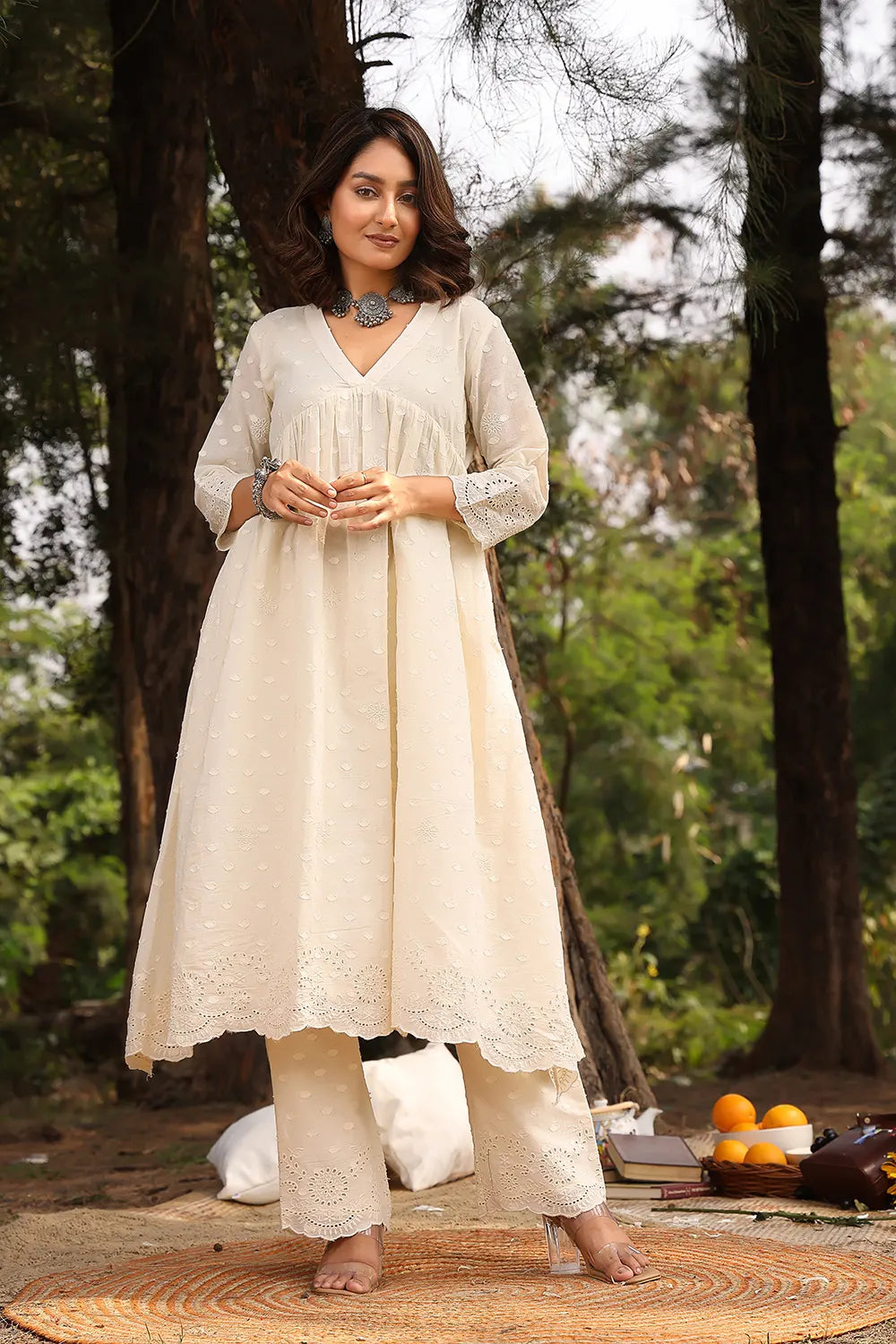 Cream  Dobby  Pure Cotton Flared Kurta Set