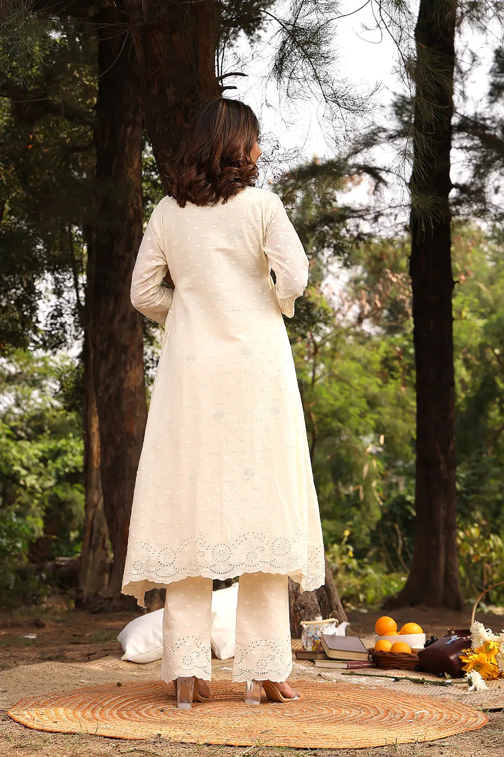 Cream  Dobby  Pure Cotton Flared Kurta Set