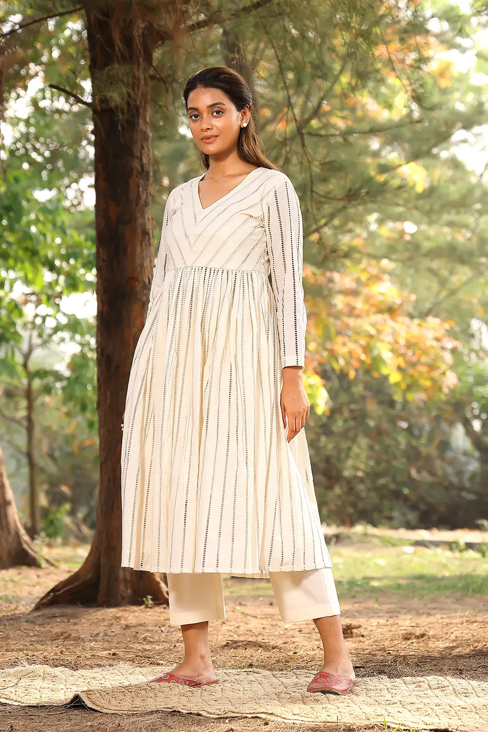 Cream Pure Cotton Stripes Kurta Set