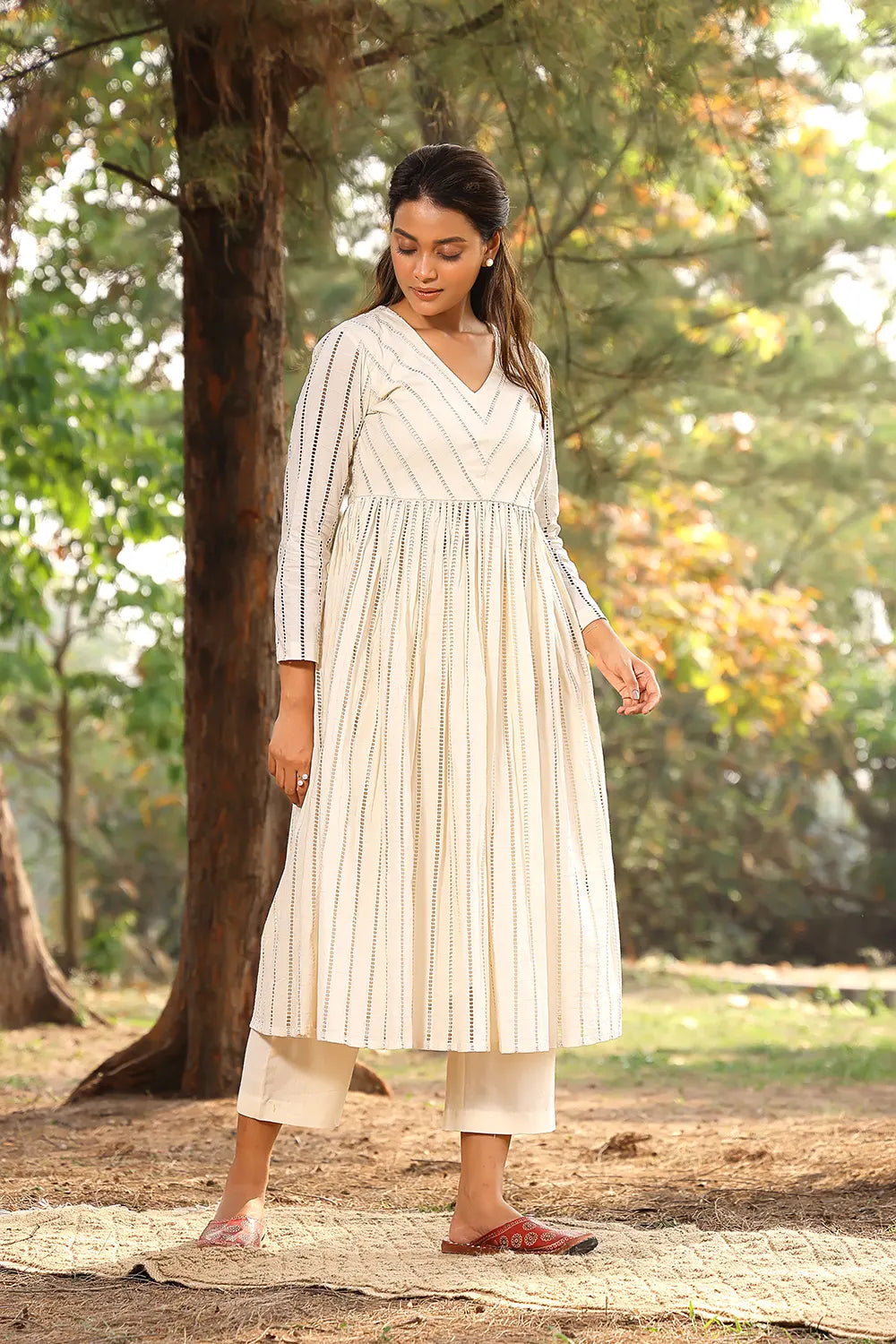 Cream Pure Cotton Stripes Kurta Set