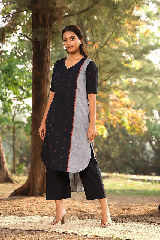 Black Grey Pure Cotton Kurta With Malai Black Pant Set