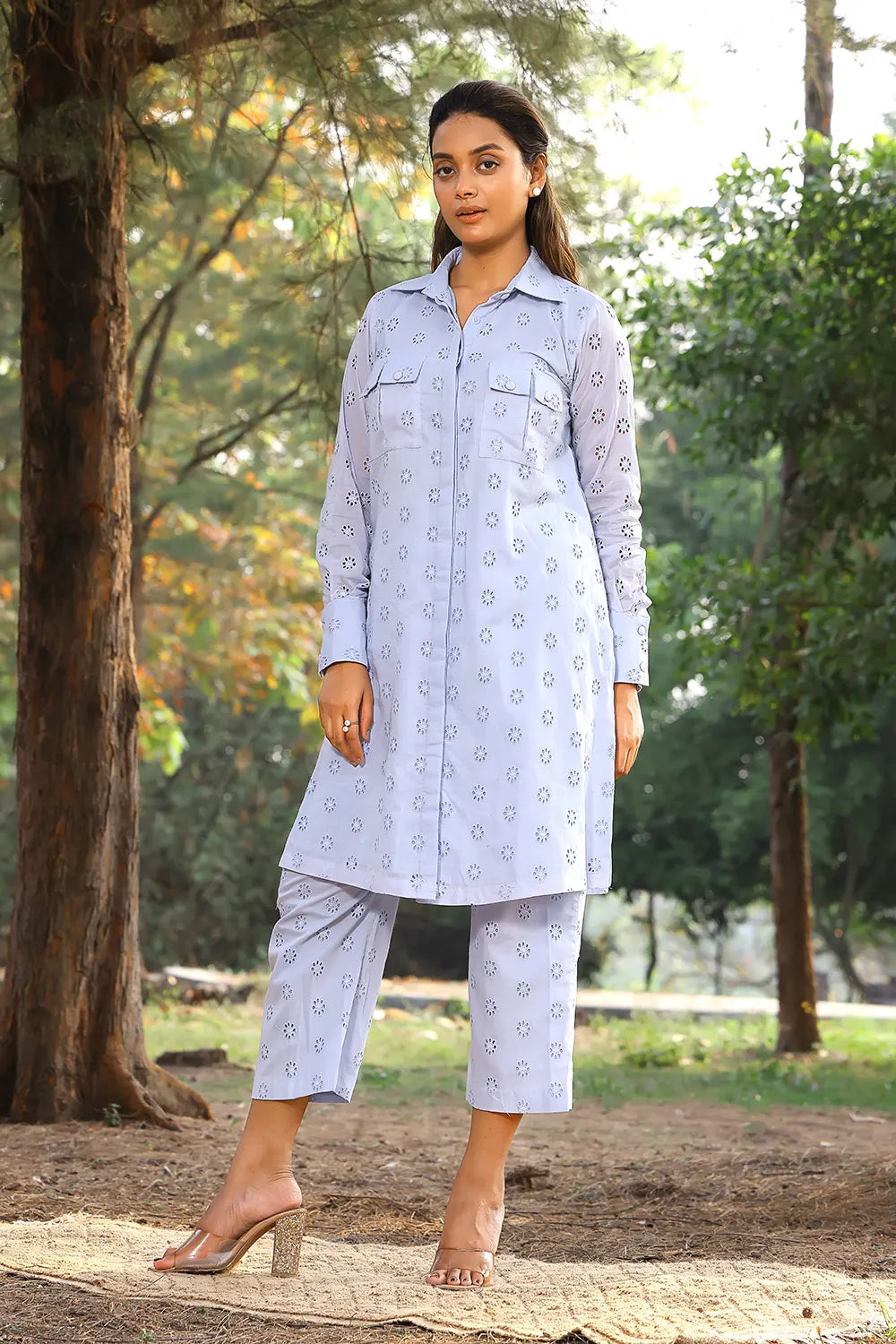 Blue Pure Cotton Collar Shirt Co-ord Set