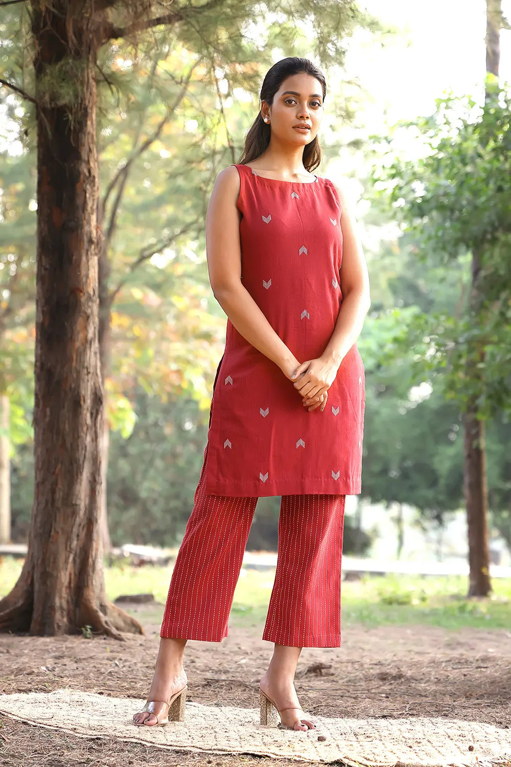 Brick Red Pure Cotton Kurta With Stripes Pant Co-ord Set