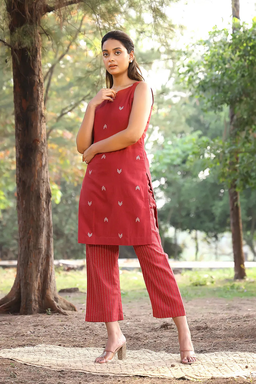 Brick Red Pure Cotton Kurta With Stripes Pant Co-ord Set