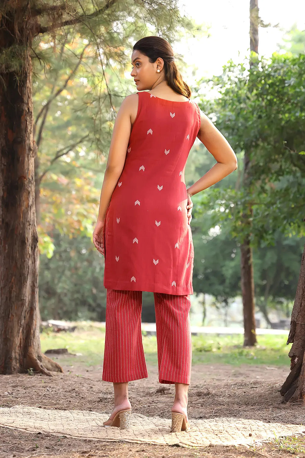 Brick Red Pure Cotton Kurta With Stripes Pant Co-ord Set