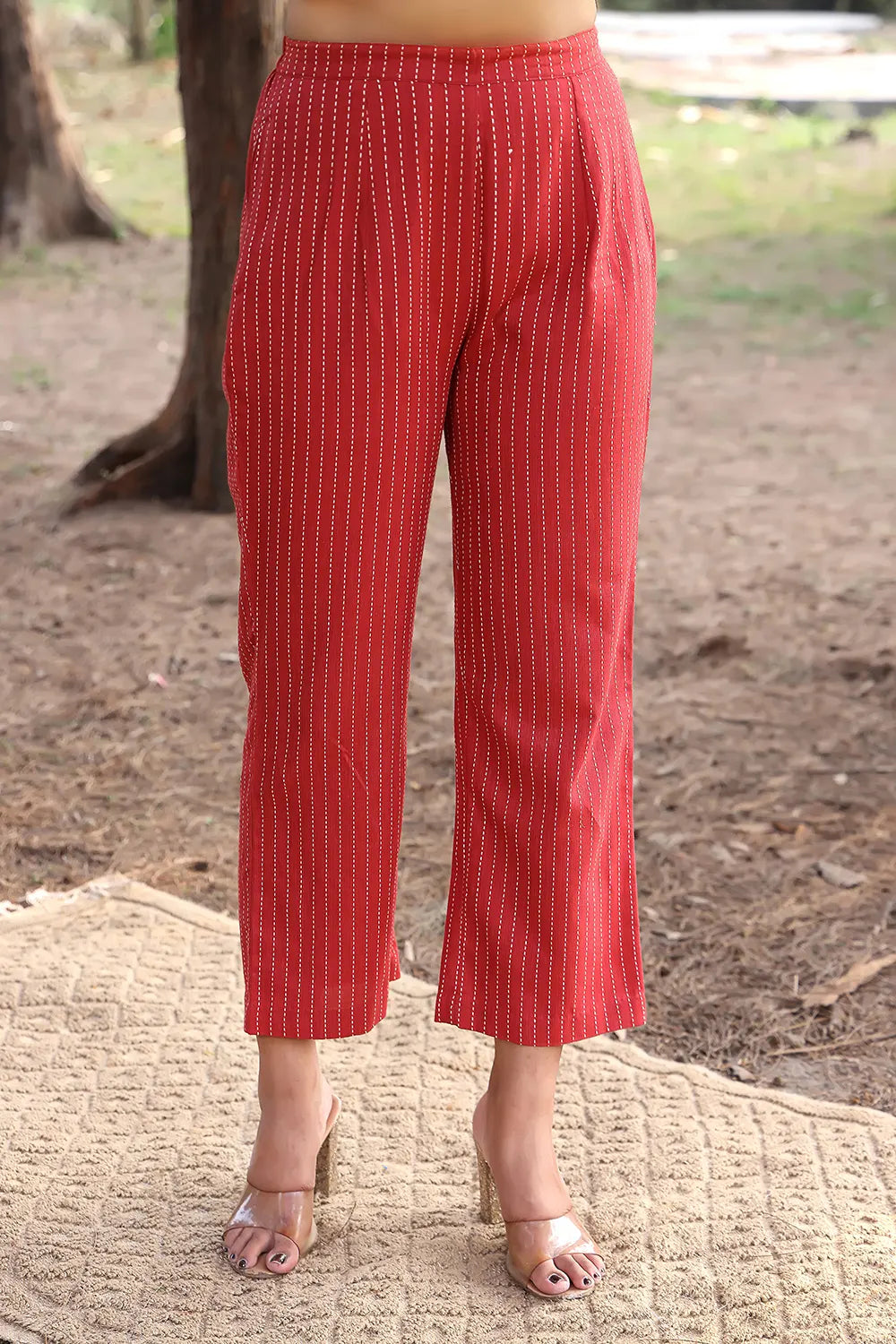 Brick Red Pure Cotton Kurta With Stripes Pant Co-ord Set