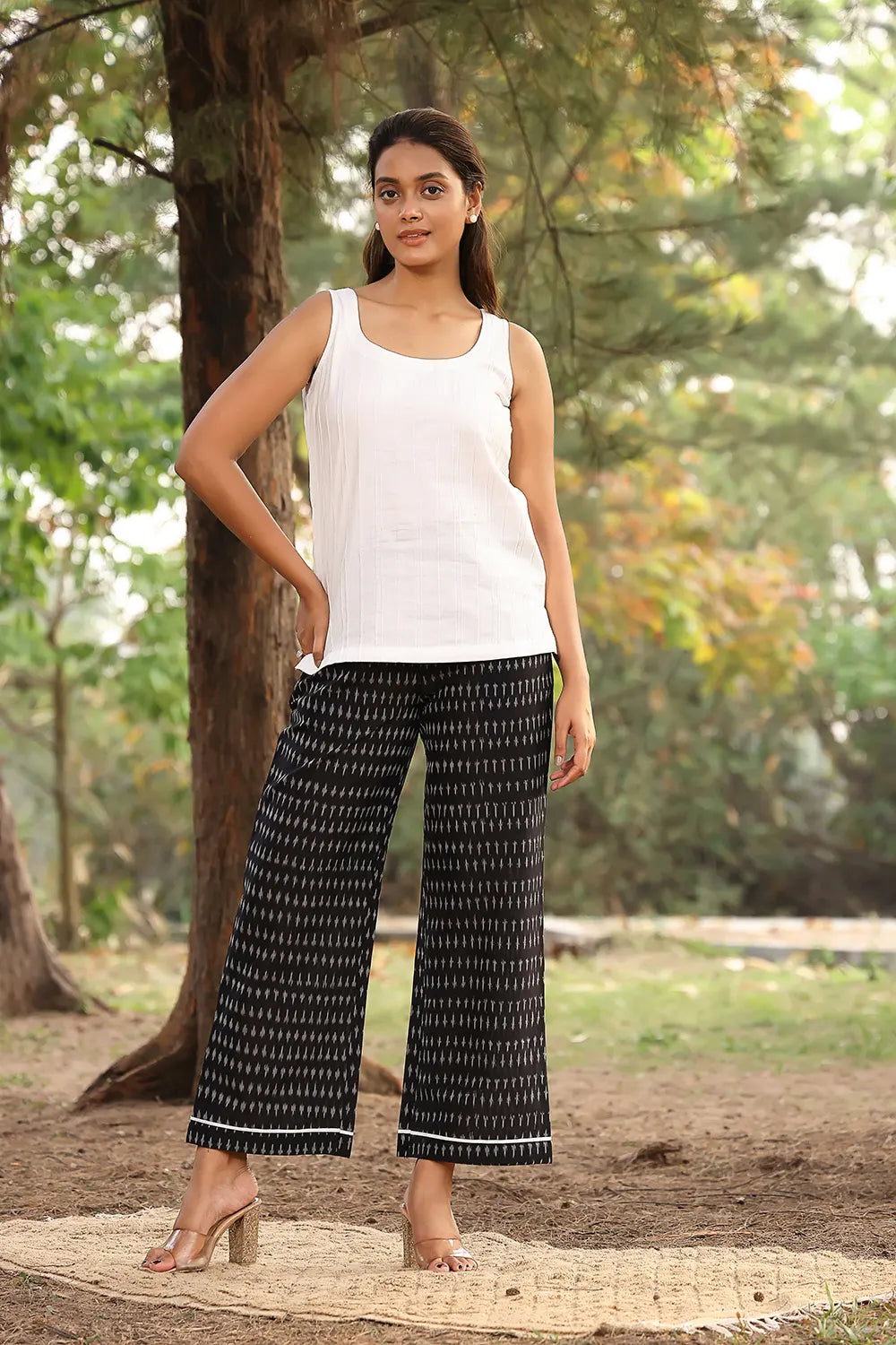 White & Black Pure Cotton Ikat Co-ord Set