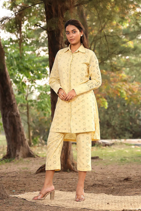 Light Yellow Pure Cotton Collar Shirt Co-ord Set