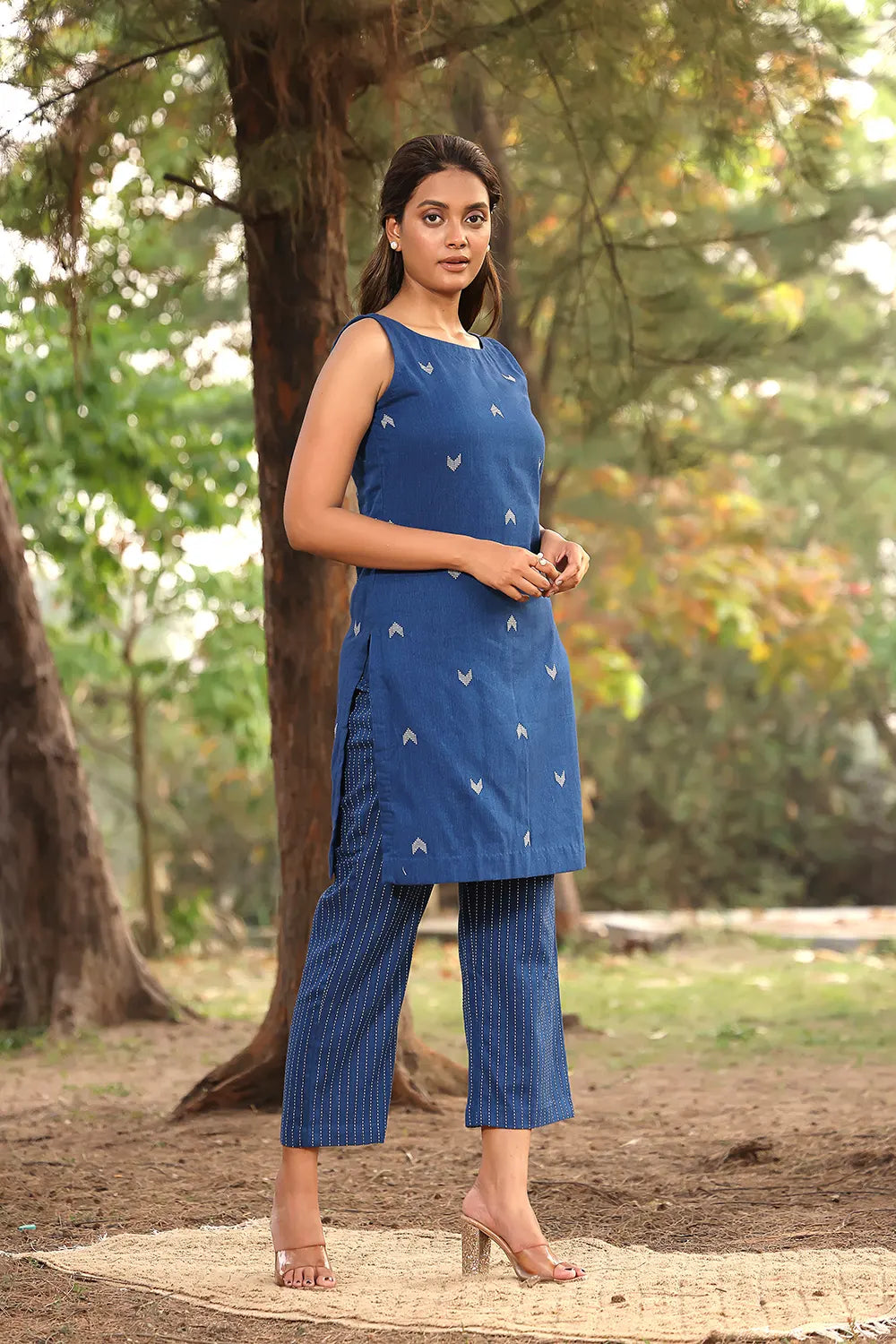 Blue Pure Cotton Kurta with Malai White Pant Set