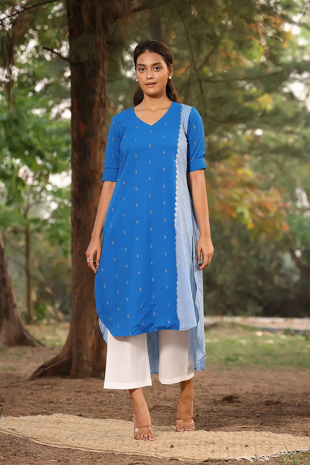 Navy Blue Pure Cotton Kurta With Stripes Pant Co-ord-Set